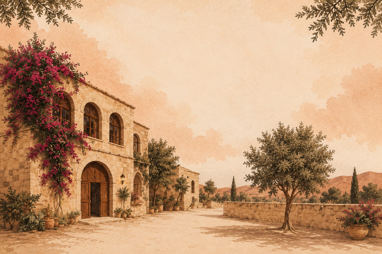 A Lebanese stone villa with bougainvillea and olive trees at golden hour